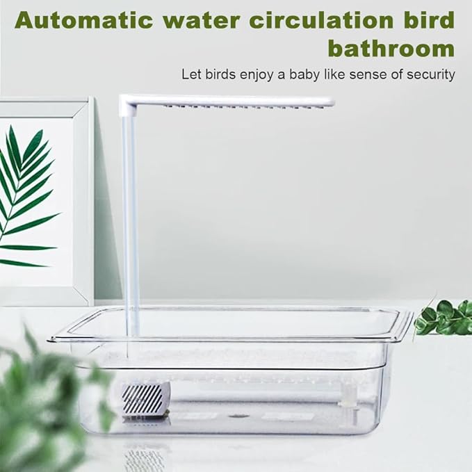 Bird Bath Tub with USB Pump, Automatic Bird Shower with Adjustable Water Flow, Transparent Acrylic Basin & Mesh Perch for Parakeets, Cockatiels, Conures, Budgies, African Greys, Amazons