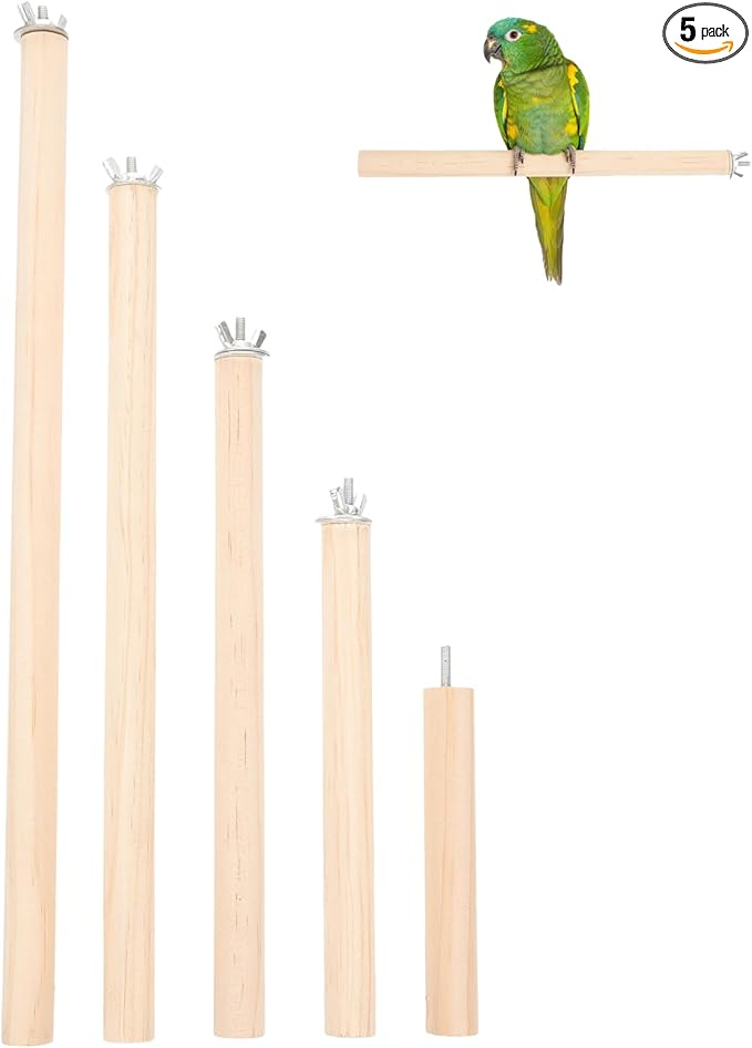 Angoily Dowel Wood Bird Perch Stand Set, Parakeet Perches, 5Pcs 4, 6, 8, 10, 11 Inch Parrot Stand Rods for Cockatiels Conures, Paw Grinding Stick with Metal Wing Nuts, Bird Cage Accessories