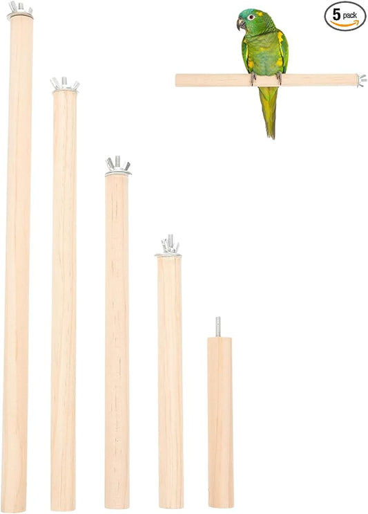 Angoily Dowel Wood Bird Perch Stand Set, Parakeet Perches, 5Pcs 4, 6, 8, 10, 11 Inch Parrot Stand Rods for Cockatiels Conures, Paw Grinding Stick with Metal Wing Nuts, Bird Cage Accessories