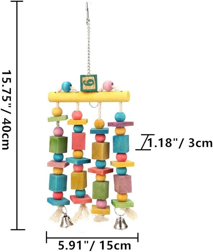 Litewoo Parrot Hanging Chew Toy Bird Bite Swing with Colorful Wood Beads Bells for Parrot Macaw African Greys Cockatiels Cage Accessories (Hanging with Bell Toy)