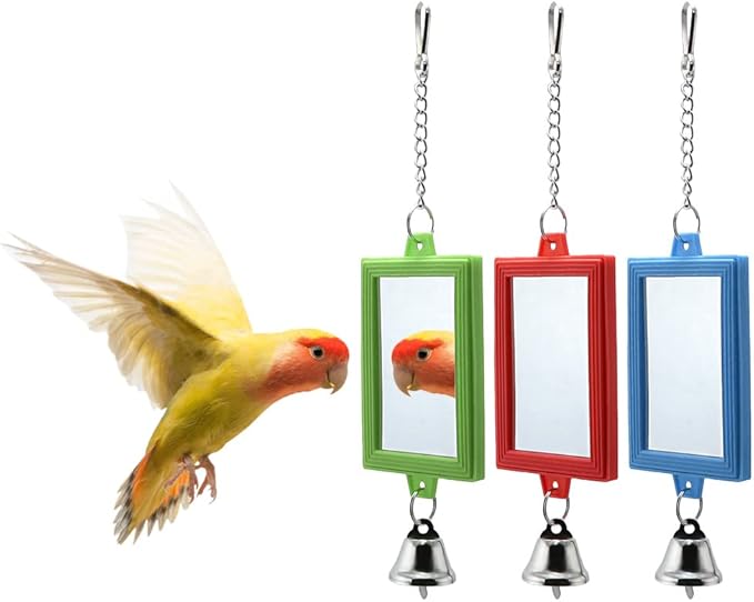 Litewoo 3-Piece Parrot Mirror Toys with Bell Pendant Toy for Bird Parakeet Cockatiel Budgie Conure（Square）