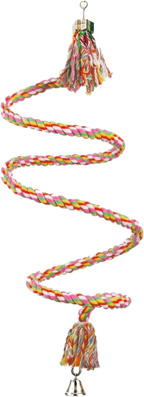 SunGrow Rope Perch for Parrots, 59” Long, Bungee Bird Toy, Brightly Colored Handmade Chew Toy, Spiral Design with Jingling Bell