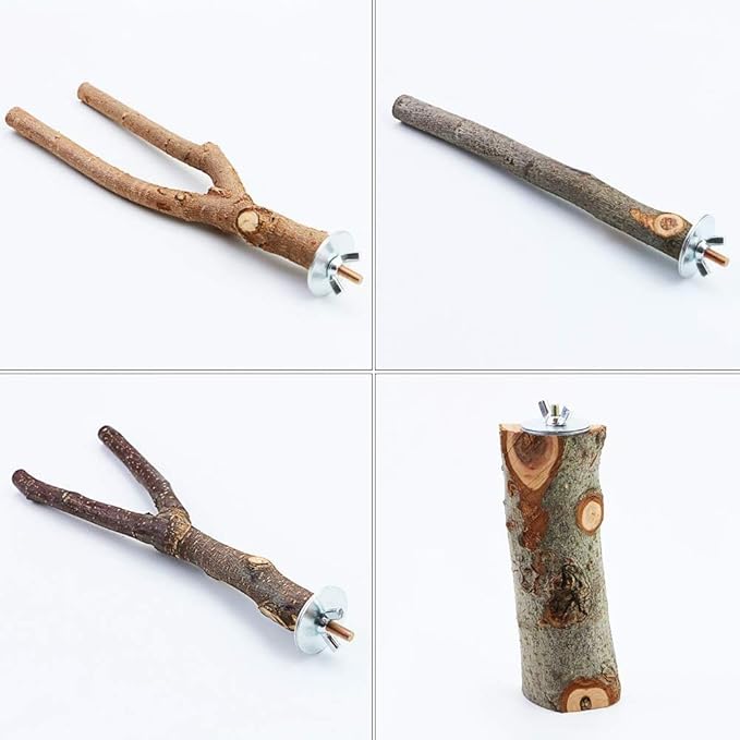 4 Pack Natural Wood Bird Perch Parrot Stand Branches Fork Toys,Pet Bird Cage Wooden Hanging Perch Platform Hammock Swing Toy for Small Parakeets,Budgies,Cockatiels,Conures,Finches