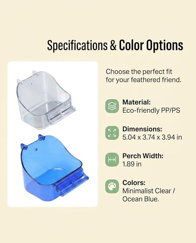 2 Packs No Mess Bird Feeder, Bird cage Feeder Cage Cup Food Bowls, Food Seed and Water Container, Good for Cockatiel Finch Lovebirds Budgies Canary (Blue and Clear)