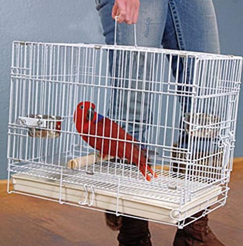 Large Portable Durable Metal Travel or Veterinary Easy Collapsable Parrot Bird Carrier Bite-Proof Carrier Cage Easy Clean Pull Out Tray Stainless Steel Feeder Bowls Natural Wooden Perch