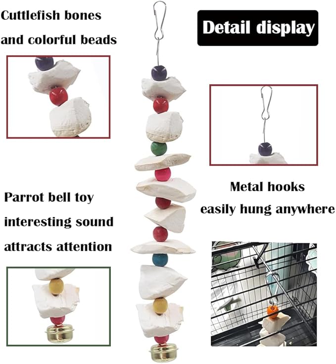 2 Pack Bird Toys with Cuttlebone,Chewing Bird Toy for Parakeet, Bird Beak Grinding Stone,Natural Birds Calcium,Cage Accessories for Parakeets,Cockatiels, Lovebirds, Small to Medium Birds