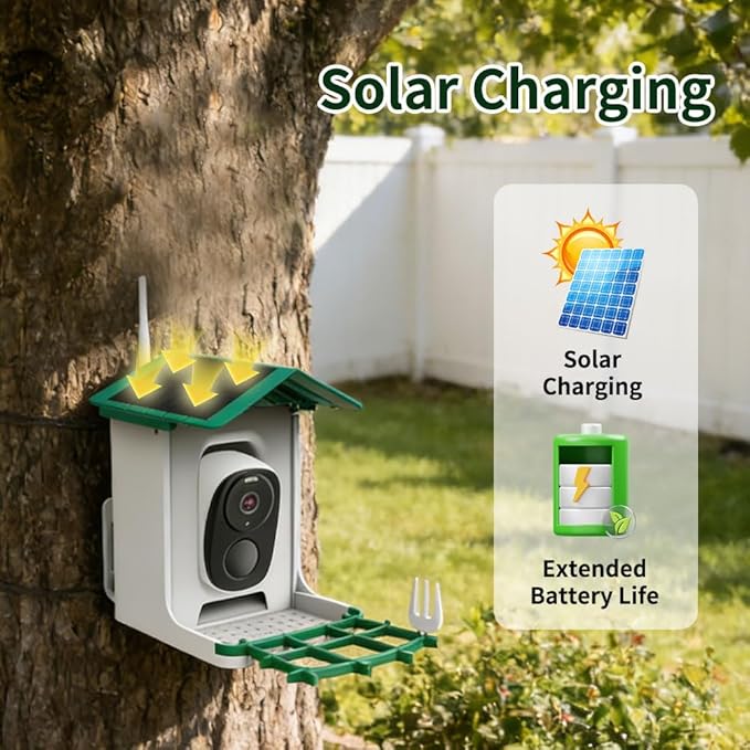 Smart Bird Feeder with Camera Solar Powered & AI Bi rd Identification, 3MP Ultra HD.2.4Ghz WiFi Bird feeders for Outdoors,2.1L Capacity, IP65 Waterproof,Mobile Remote Control,Full-ColorNight Vision
