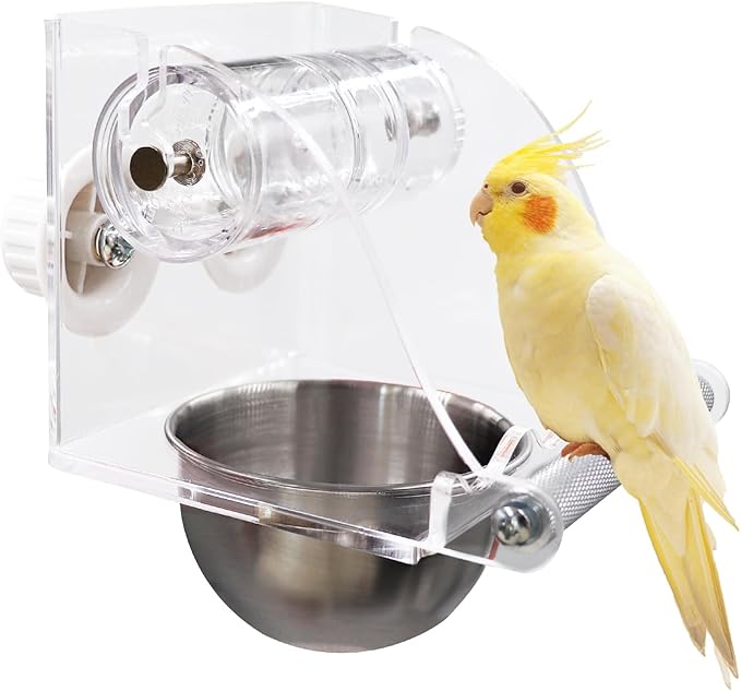 Interactive Bird Feeder with Rolling Foraging Toy - Clear Acrylic Treat Dispenser & Stainless Steel Bowl for Small to Medium Birds | Cage-Mounted with Rust-Resistant Metal Perch