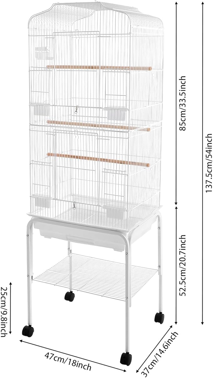 Bird Cage with Universal Wheels, Freestanding Parakeet Birdcage, Large Iron Flight Bird Cages 360° Full Hollow Design Pigeons Parrot, 18x15x54 Inch, with Feeding Bowls, Waterer (White)