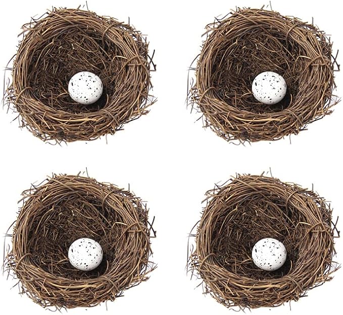 Artificial Birds Nest, 4 Set Handmade Rattan Nest Decor with Foam Eggs for DIY Crafts, Garden, Yard, Home, Party, Easter Decoration