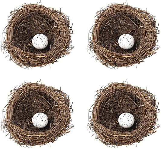 Artificial Birds Nest, 4 Set Handmade Rattan Nest Decor with Foam Eggs for DIY Crafts, Garden, Yard, Home, Party, Easter Decoration