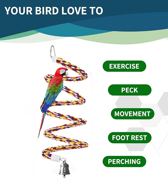 2Pcs 43'' Bird Rope Perches Birdcage Swing Toys 100% Cotton Natural Bird Perch Peck/Chewing with Vintage Bell Climbing Standing Bungee Parrot Toys for Small to Regular Size Parrot Cockatiel Birds