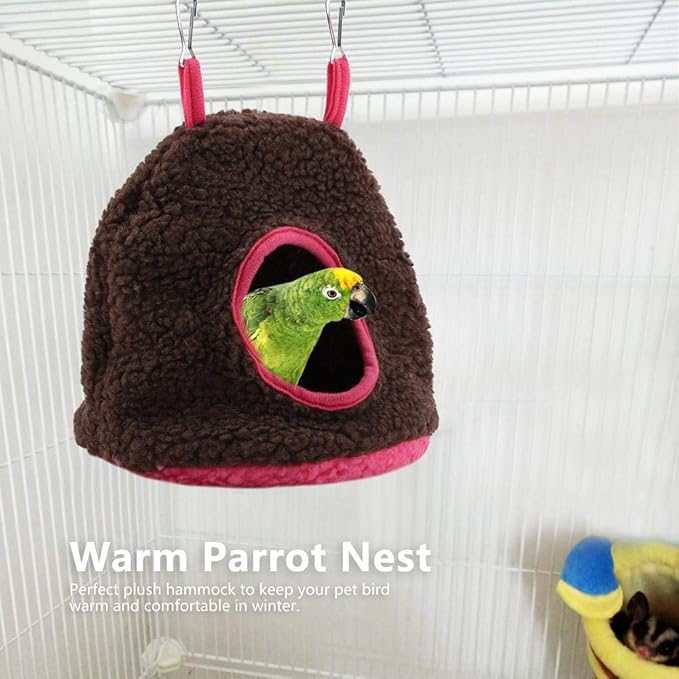 Bird Nest Hammock Tent Bed Bird Nests, Winter Warm Bird Nest House Parrot Nest Pet Bird Nest Winter Warm Hammock Hanging Cave Cage Plush Tent Bed(Dark Brown)