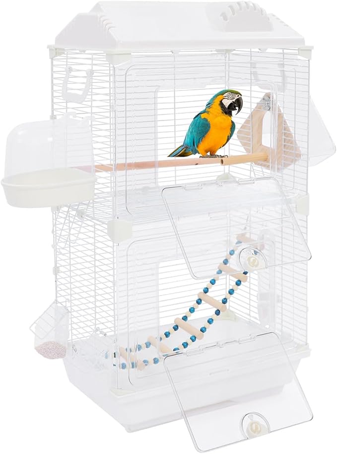 2-Door Wrought Iron Bird Cage Parakeet Cage with Roof & Handles, 28" H Parrot Cage Pet Birds Flight Cage, Interactive Birdcages Bird House Travel Cages for 1-3 Birds (Transparent)