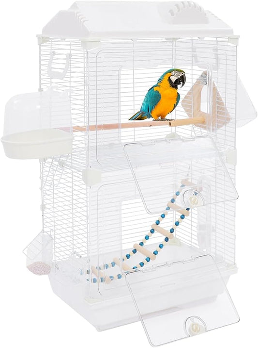 2-Door Wrought Iron Bird Cage Parakeet Cage with Roof & Handles, 28" H Parrot Cage Pet Birds Flight Cage, Interactive Birdcages Bird House Travel Cages for 1-3 Birds (Transparent)