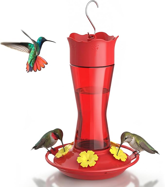 Kingsyard Glass Hummingbird Feeder for Outdoors Hanging, 10 oz Leak-Proof Humming Bird Feeders with Ant Moat & Bee Proof Feeding Ports, Hummingbird Gift for Bird Lovers (Red)