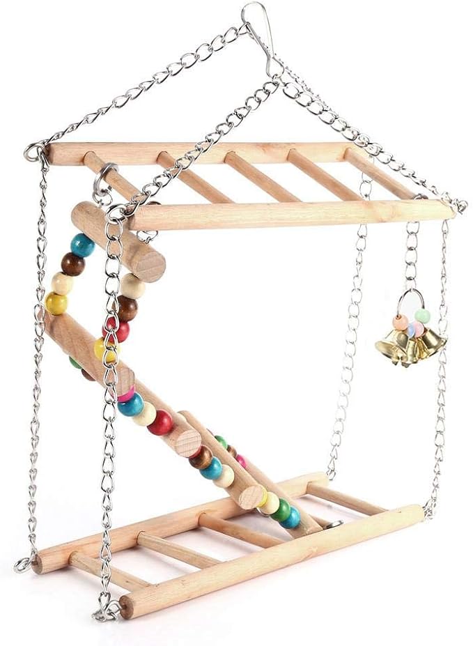 ZJchao Wooden Bird Ladder Toy for Parrots & Medium Birds – Hanging Climbing Bridge with Double-Layer Steps, Swing Design, Compatible with Most Standard Cages