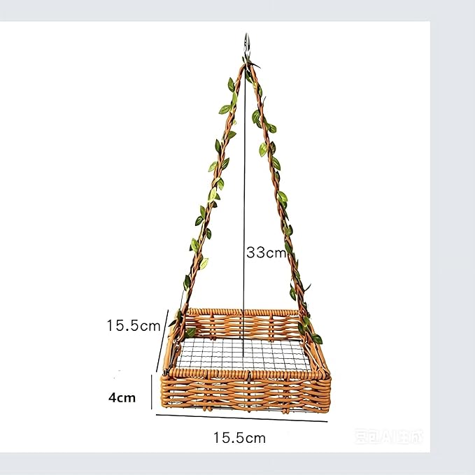 Hanging Rattan Bird Nest for Cage, Bird-Safe Vine Swing Perch with Leaves, Washable Chew-Proof Hammock Nest for Lovebird Cockatiel Budgie Conure, Cage Decoration & Rest Toy for Small Birds (Square)