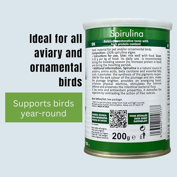 PINETA Spirulina Powder Organic 200g - Spirulina Supplement Bird Food for Canaries and Granivorous Birds - 100% Natural, Immune Support Supplement, Promotes Healthy Molting, Bright Feathers