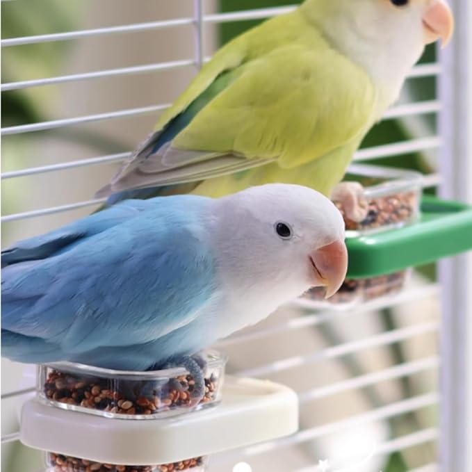 Bird Cage Feeder Portable Bird Plastic Feeding Dish Cup Detachable Bowl with Perch for Parakeet Budgies Cockatiel Lovebird Small Birds (Round,White)
