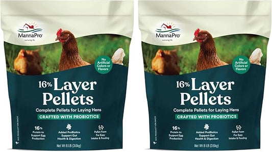 Manna Pro Chicken Feed | 16% Chicken Food with Probiotic Pellets, Layer Feed | 16 lbs (Pack of 2)
