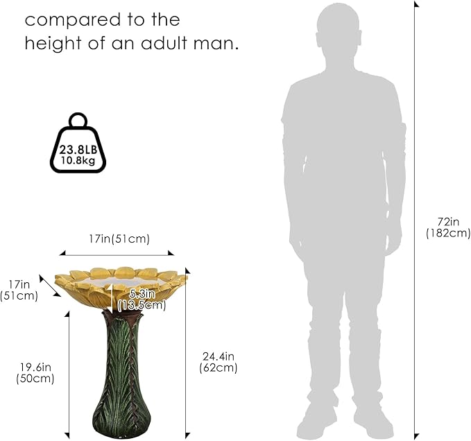 SKYFIRE 24.4”H Sunflower Bird Bath Fiber Reinforced Concrete Pedestal Birdbath for Outdoors, Heavy Duty Garden Bird Bath for Yard, Patio, Lawn, Backyard Decor