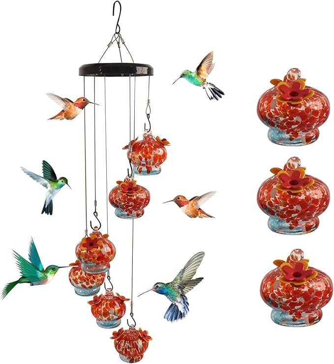 Charming Windchimes Hummingbird Feeders, Unique Hand Blown Glass Multiple Hummingbird Feeders for Outdoors Hanging, Garden Decor for Outside Patio,（red）