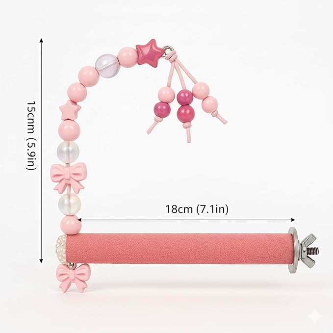 Bird Parrot Perch with Beads and Bow Chew Toy,Cage Platform Toy and Exercise Accessories for Budgies Parakeets Cockatiels Conures and Lovebirds (Pink)
