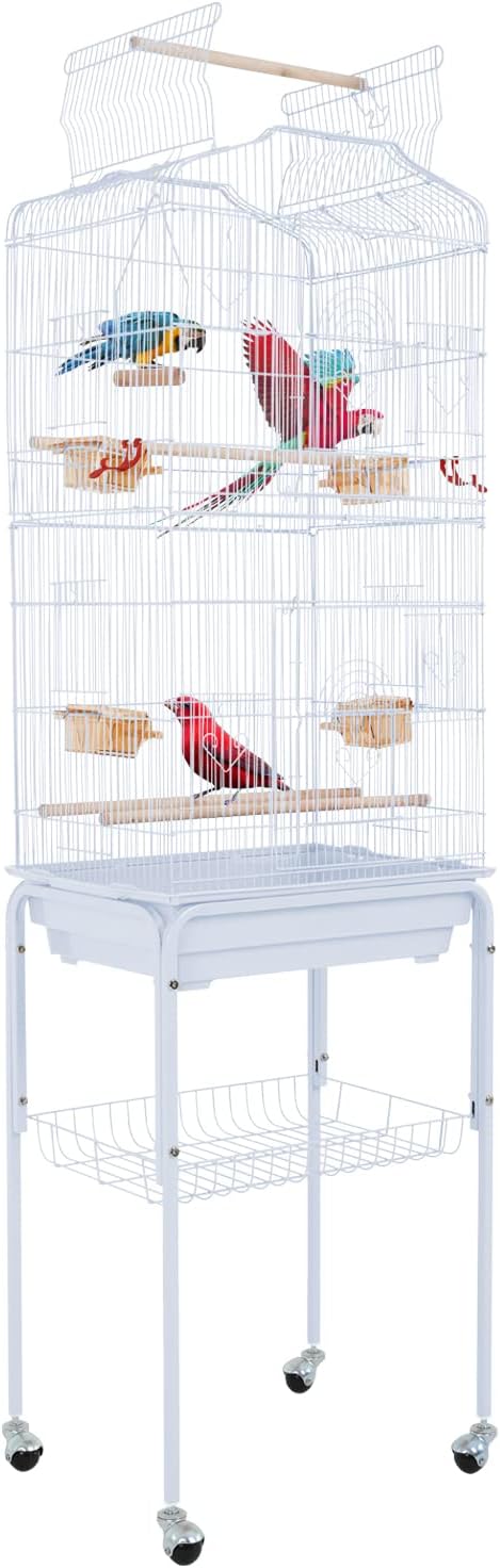 Birdcages, 64 in Play Open Top Indoor/Outdoor Iron Large Bird Cage, Floor-Standing with Casters Detachable Rolling Stand Parrot Cage for Parrots Conures Lovebird Cockatiel Parakeets (White)