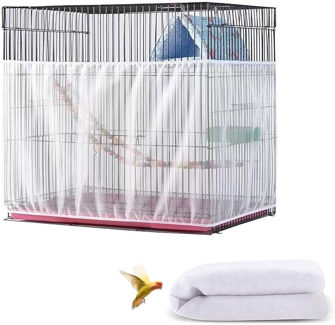 Large Bird Cage Cover, Bird Cage Seed Catcher, Adjustable Soft Airy Nylon Mesh Net, Birdcage Cover Skirt Seed Guard for Parrot Parakeet Macaw African (Solid-White, 15.7" x118")