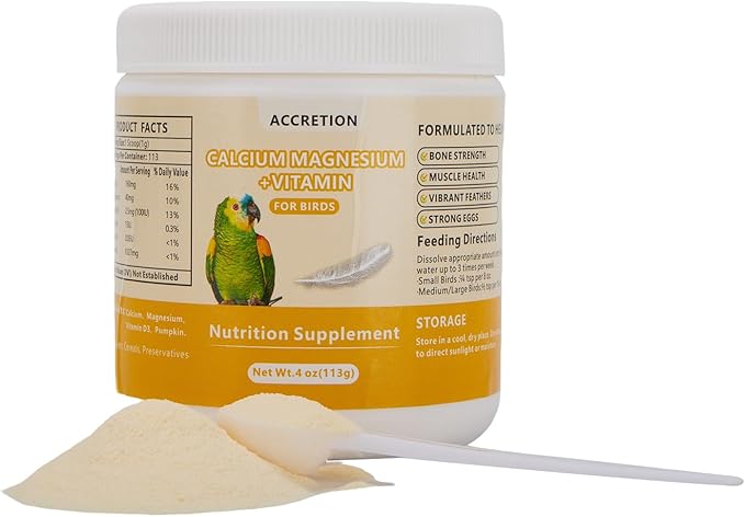 Calcium for Birds with Magnesium & Vitamin D3 – 4oz Powder, Essential for Molting, Faster Feather Regrowth, Strong Beak & Bone | Parrot Supplement