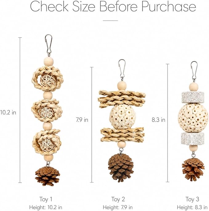3 Pack Bird Toys for Small Birds, Texture-Rich Shredding & Chewing Toys with Sola Ball, Rattan Balls, Pumice Stone and Pinecone, Hanging Cage Toys for Budgies, Cockatiels, Lovebirds and Small Conures
