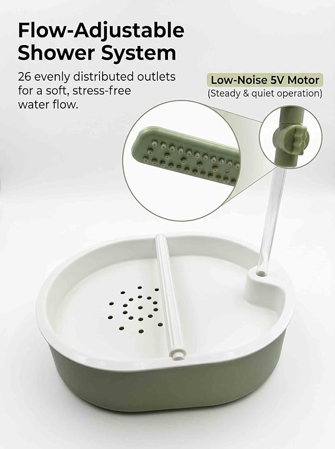 Automatic Parakeet Bird Bath with Pump,Adjustable Water Flow & Parrot Shower,USB Powered Bird Fountain Bathtub for Cage,Quiet Circulating Water System for Budgie,Lovebird (Green L)