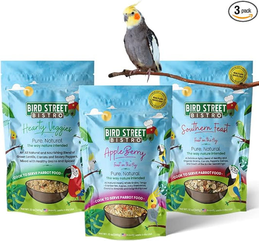 Bird Street Bistro Cockatiel Food Sample 3 Pack - Cooks in 3-15 min w/Natural Whole Grains - Healthy Non-GMO Fruits, Dried Vegetables, Health Orientated Spices