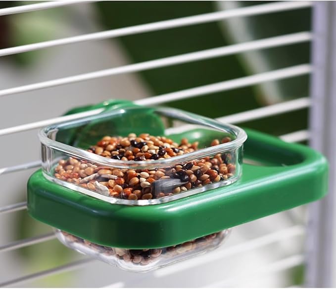 2 pcs Detachable Transparent Bowls with Green Stand for Canary Finch Parrot Seed Water Feeder