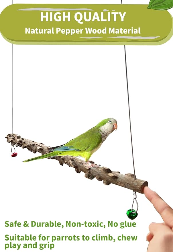 FlidRunest Bird Parrot Swing Toy, Natural Pepper Wood Bird Perch Stand, Hanging Bird Window Ceiling Swing Perch for Parrot Parakeet Conure Cockatiel Small Birds