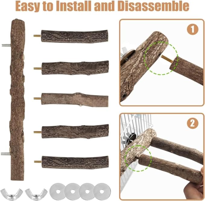2Pcs Parrot Wood Stand, 12.2Inch Length Parrot Perch for Cage, Natural Bird Ladder for Small Medium Parrots, Parakeets, Cockatiels, Conures, Hamster