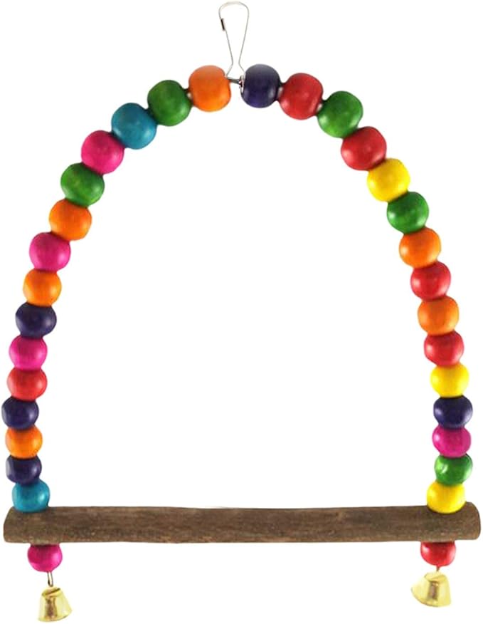SunGrow Colorful Finch Swing Toy with Bells, Wooden Perch Stand for Canary, Lovebird & Budgie, 8.5x6 Inches, Sturdy Rocking Gym, Small Bird Cage Accessories to Balance, Exercise & Training