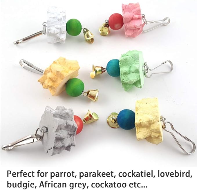 6PCS Bird Grinding Beak Calcium Stone with Bell Rat Mineral Lava Block Trimming Teeth Chewing Toys for Chinchilla Bunny Budgie Cockatiel Parakeet Parrot(Random Delivery of Color)