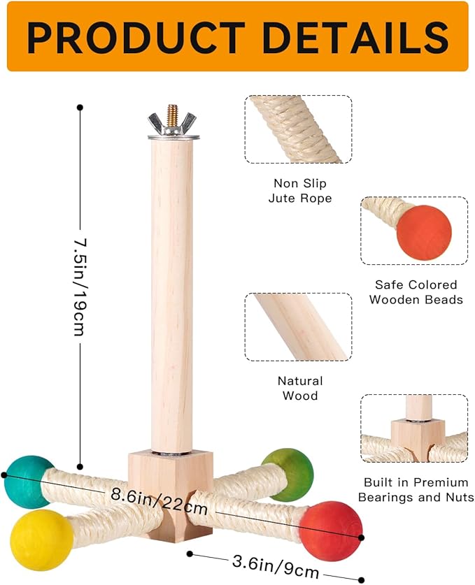 Bird Perch Toy, 360° Rotating Parrot Perch, Interactive Spinning Bird Cage Toy for Budgies, Cockatiels, Lovebirds, Parakeets and Small to Medium Birds