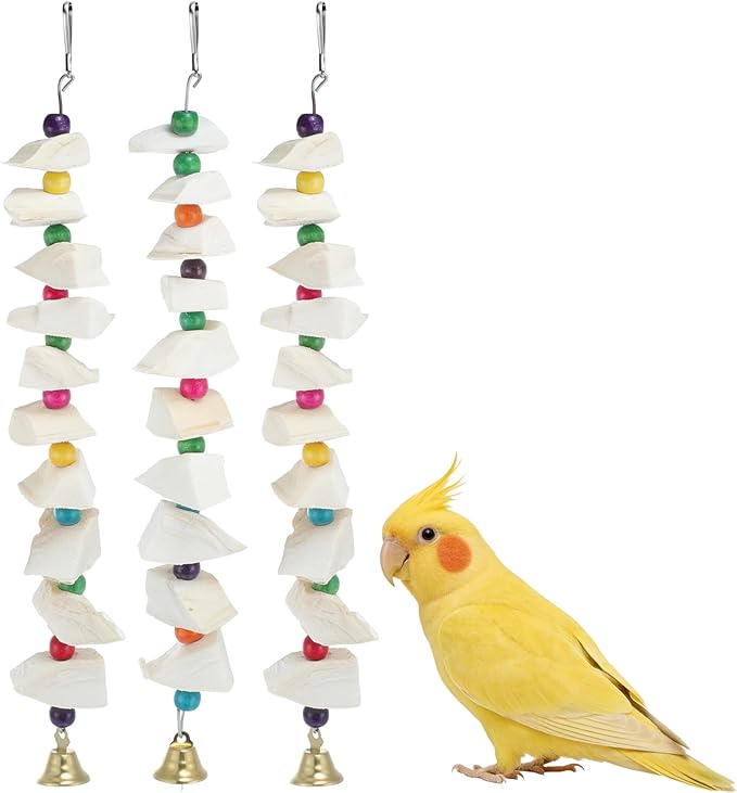 Bird Toys with Cuttlebone, Prevents Destructive Chewing, Grinding Stone for Bird, White, Colorful, 3 Pcs