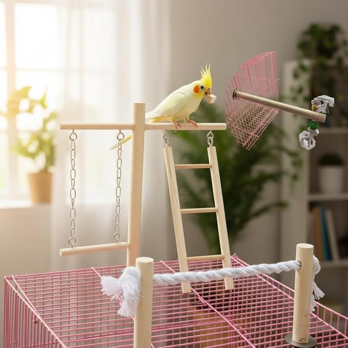 PINVNBY Bird Playground, Wood Parrot Play Gym Stand Perch Bird Cage Accessories for Small and Medium Parakeet Cockatiel Conure Love Birds Finch
