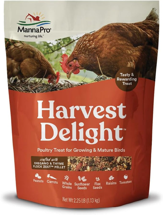 Manna Pro Harvest Delight Poultry Treat, Whole Grain & Seed Mix with Fruits & Vegetables, 14% Protein Snack for Chickens, Ducks & Mixed Flocks, 2.25 lb