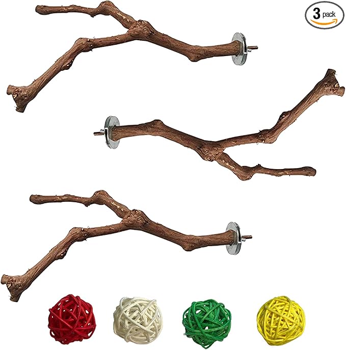 PINVNBY Bird Perches for Cage,3Pcs Parrot Perches Natural Grape Wood Birdcage Stands Pole 4Pcs Birds Toys Ball for Parakeet Lovebirds Budgies Cockatiels Finches