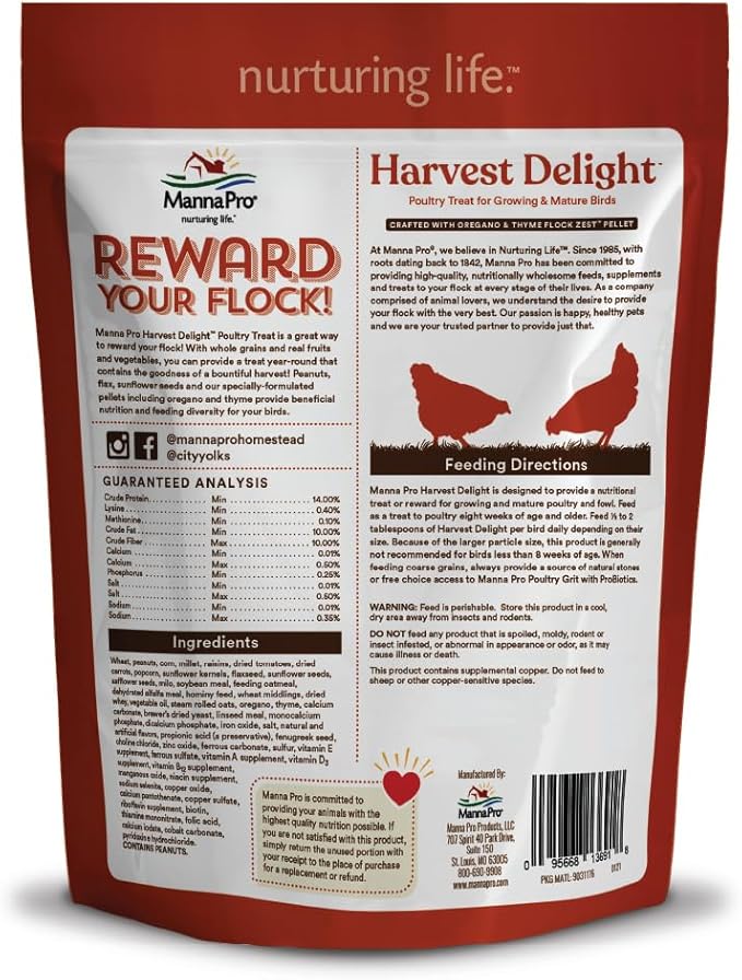 Manna Pro Harvest Delight Poultry Treat, Whole Grain & Seed Mix with Fruits & Vegetables, 14% Protein Snack for Chickens, Ducks & Mixed Flocks, 2.25 lb
