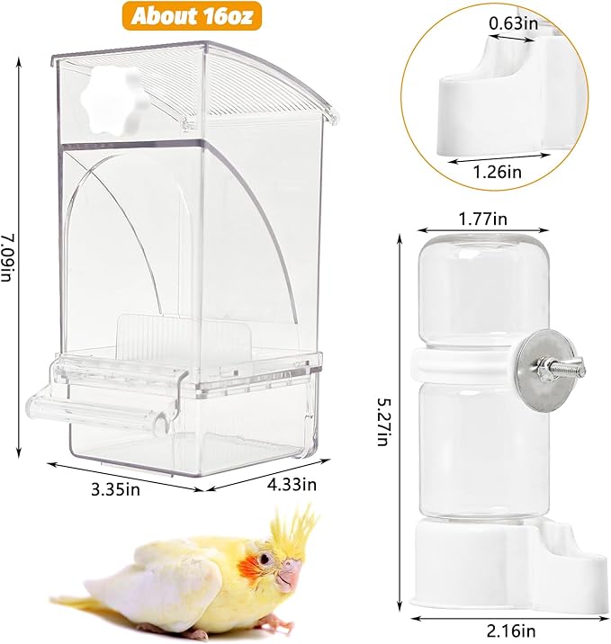 BNOSDM No Mess Bird Feeder Water Dispenser Set Automatic Parrot Feeder Drinker Transparent Food Container 3 Pcs Parakeet Cage Accessories for Cockatiel, Budgies, Conure, Lovebird, Finch (Transparent)