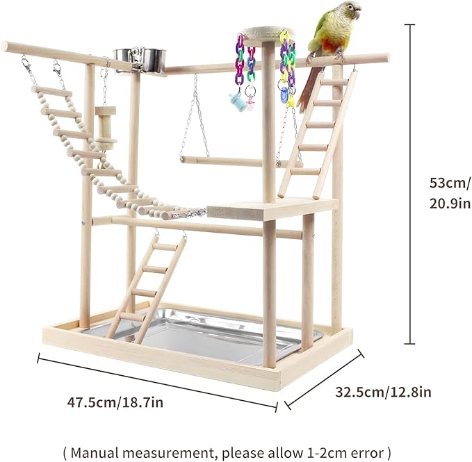 Bird Playground, Parrot Play Stand with 2 Layers of Stand Toys, Playpen for Parakeet Cockatiel Lovebirds, Exercise Playgym with Feeding Cups Stainless Steel