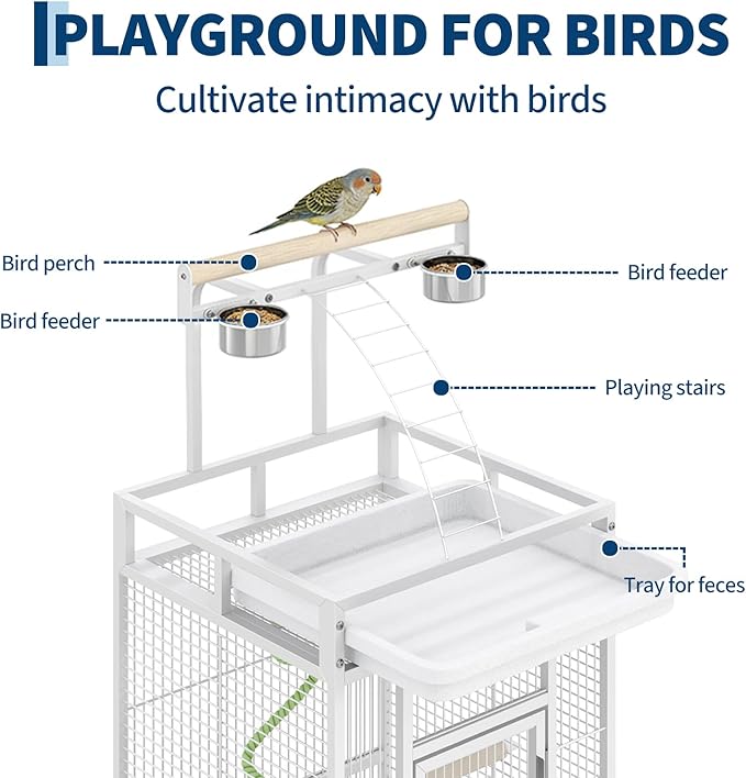 GarveeHome 60" h Bird Cage, Parakeet Cage with Playtop, Bird Rope Perche, Feed Bowls, White Parrot Cage for Parakeets, Conures, Cockatiel, Cockatoo