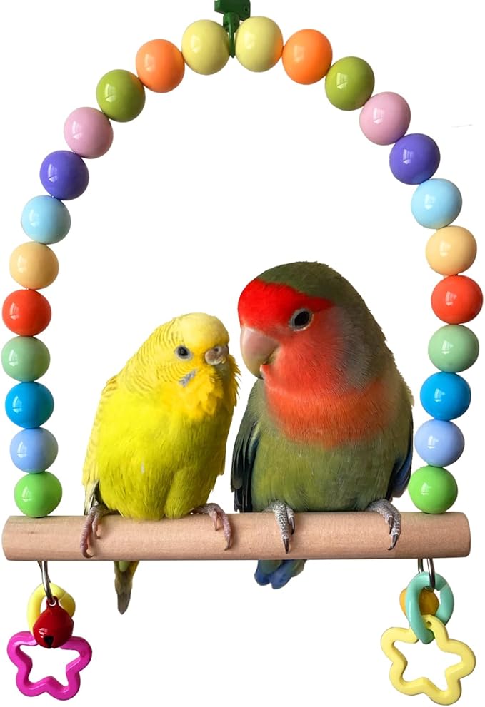 Large Bird Swing for Cage Parrot Wooden Perch Stands Cockatiel Hanging Toy with Bell Parakeet Colorful Beads Climbing Training Toys Playground Birdcage Accessories for Macaws Quaker Conures Lovebirds