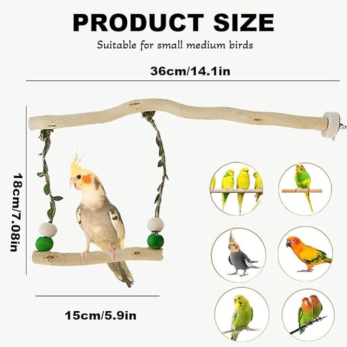 Bird Stand Swing Toys,Natural Wood Cage Accessories for Parakeets,Suitable for Budgerigar, Parakeet, Conure, Cockatiel, Mynah, Love Birds, Finches and Other Small Medium Parrot Birds(L)